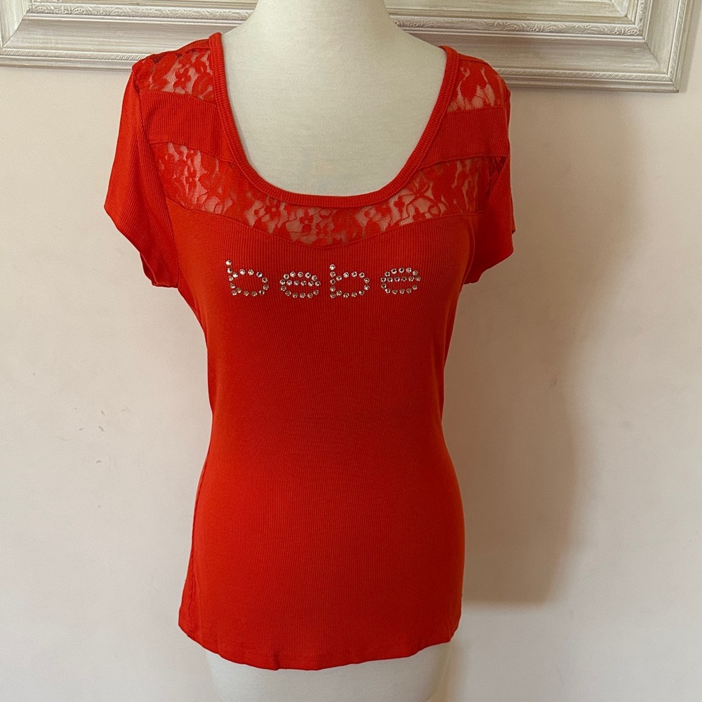Bebe Vibrant orange Lace Detail Tee